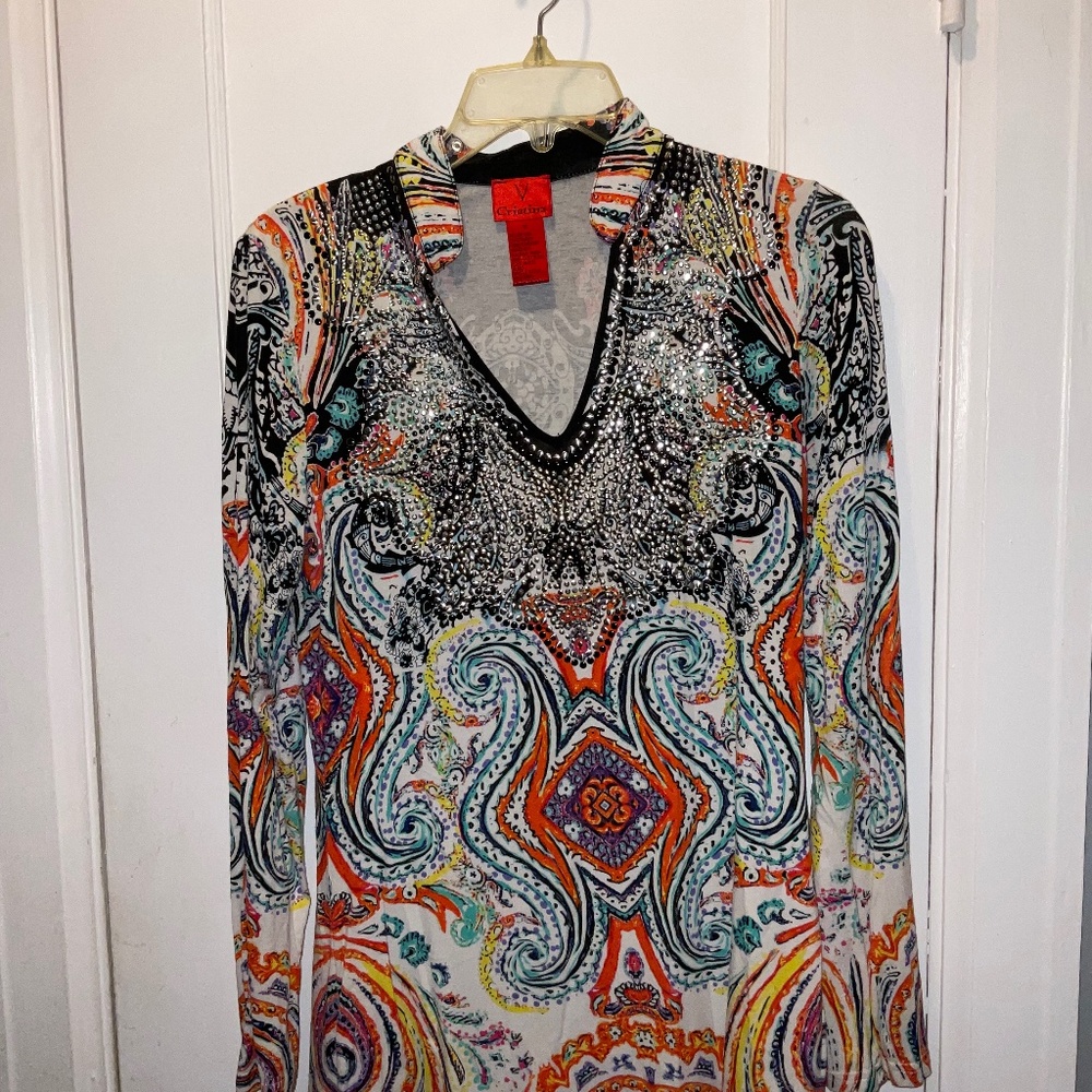Woman’s top, Christina V, multi color with metallic embellishments